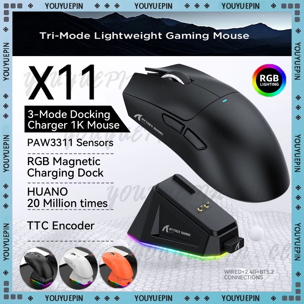 🚚ท้องถิ่น🚚 X11 เกมเมาส์บลูทู ธ 2.4G การเชื่อมต่อ Tri-Mode ไร้สาย,ฐานชาร์จแม่เหล็กสัมผัส RGB PAW3311 เมาส์เกมแมคระ