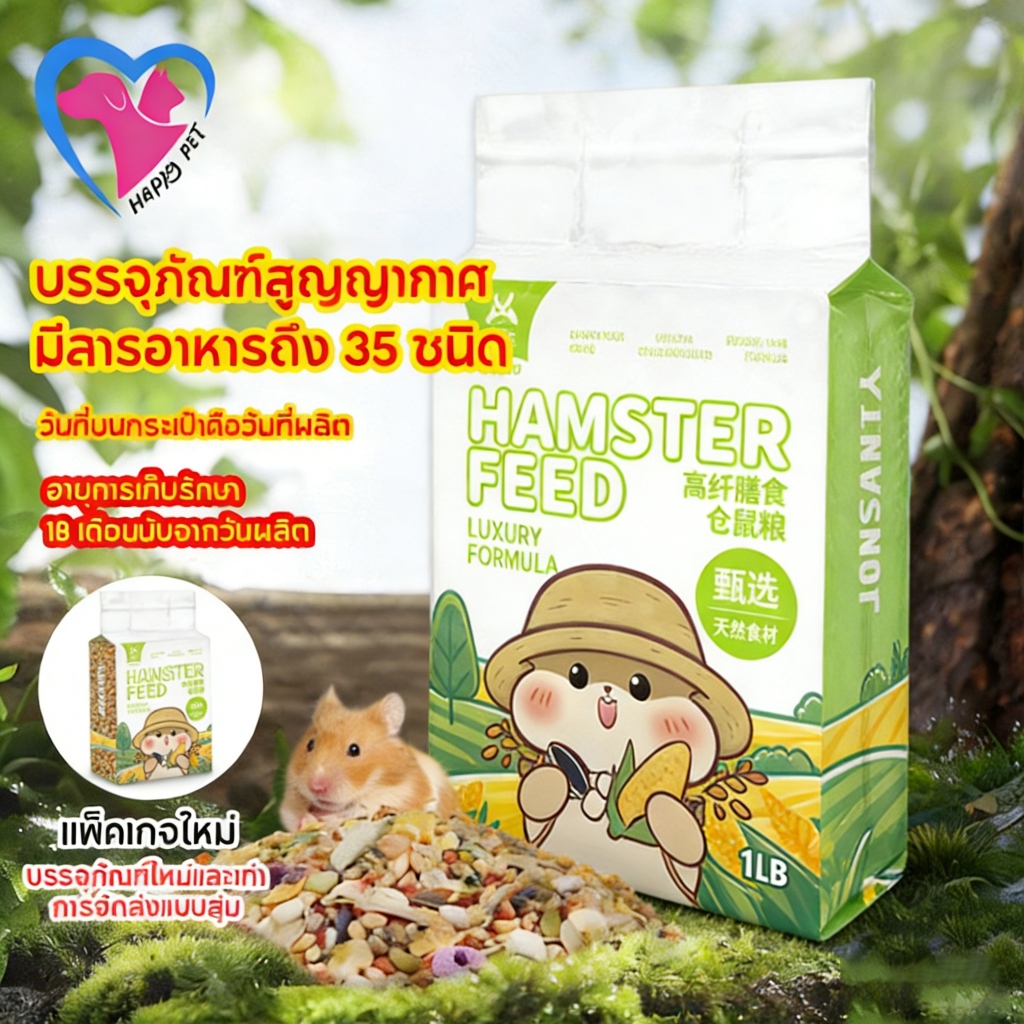 Happy Pet สำหรับแฮมเตอร์ทุกสายพันธุ์ อาหารหนูแฮมเตอร์ อร่อยมาก สูตรข้าวโอ๊ตจากธรรมชาติ