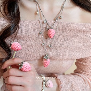 เดรช สตรอเบอร์รี่จี้ลูกปัดสร้อยคอผู้หญิงสีชมพูหวานสดออกแบบแฟ…