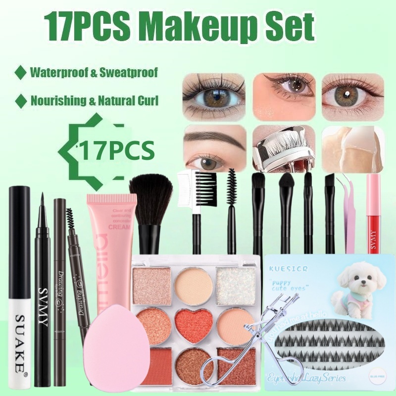 สต็อกในพื้นที่17pcs Complete Cosmetic Kit พาเลทอายแชโดว์ 10 สี + บีบีครีม + ชุดลิปเคลือบ