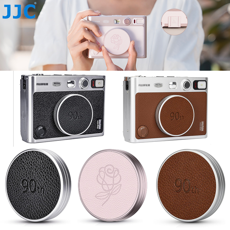 JJC ฝาปิดเลนส์โลหะสําหรับ Fujifilm Fuji Instax Mini EVO เฉพาะครบรอบ 90 ปีฝาครอบเลนส์กล้องฟิล์มทันที, หนังและสไตล์ย้อนยุค Gentle Rose สีชมพูและสีดําและสีน้ําตาล
