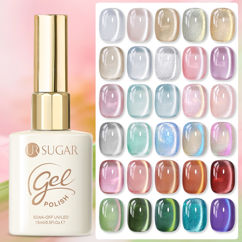 UR SUGAR 48 สี Cat Eyes เจลแม่เหล็กสีฟ้าสีเขียวสีชมพูสีฤดูใบไม้ผลิฤดูร้อนแฟลชลูกปัดแก้วแมวเจลเล็บสีแดง