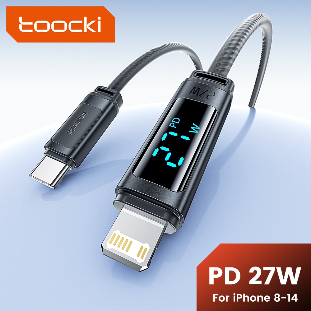 Toocki PD 27W Fast Charging ประเภท C ถึง lOS สําหรับ lPhone 8-14 Series ซิลิโคนจอแสดงผลดิจิตอล USB ถึง lOS Fast Charger ข้อมูลสายไฟ