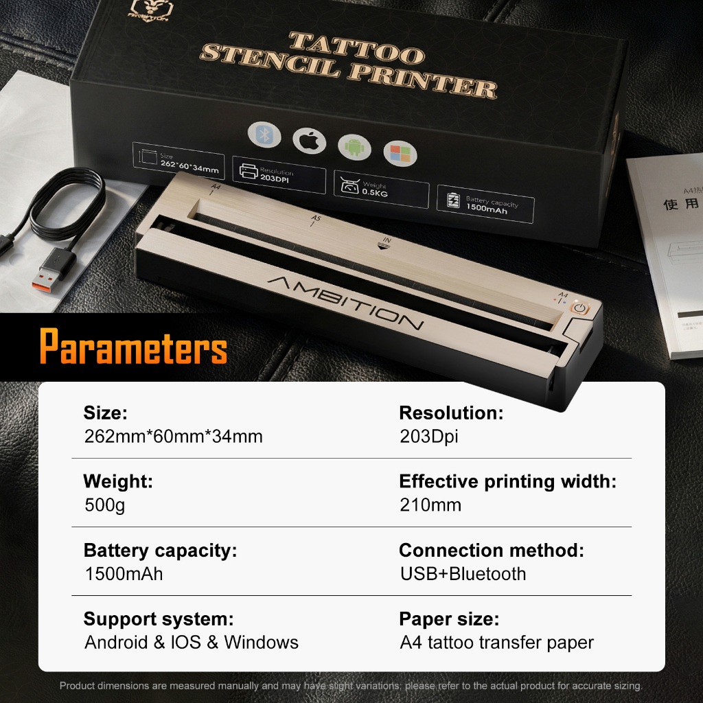 Ambition G2 เครื่องพิมพ์ความร้อนไร้สายสำหรับสัก ไม่ต้องใช้หมึก แบต 1500mAh เชื่อมต่อ Bluetooth/USB ได้ทั้งมือถือและ PC