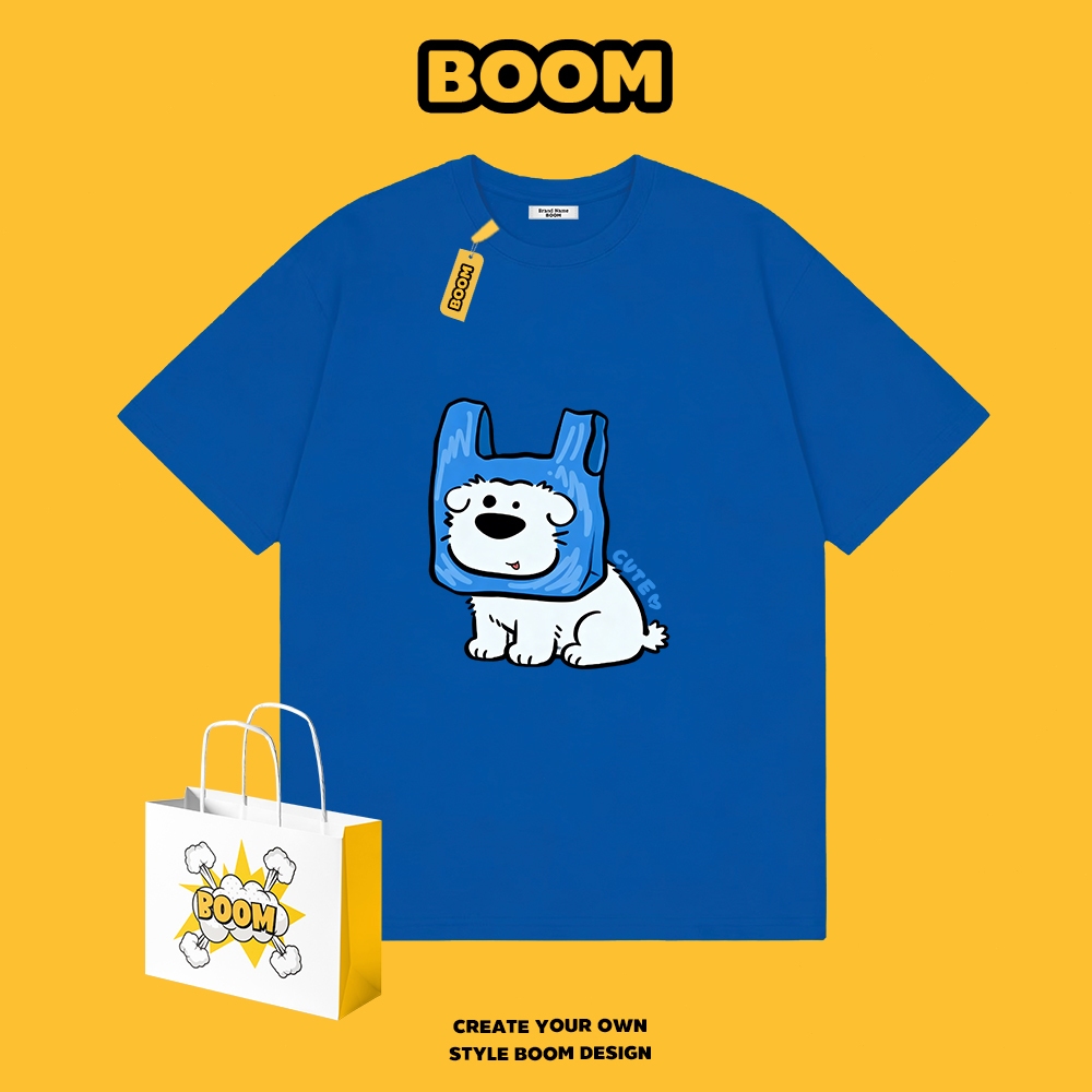 BOOM เสื้อยืดคอกลม ใส่ได้ทั้งชายและหญิง ผ้าฝ้าย 100% ระบายอากาศดี ลายหมาเล็กที่น่าขำนะคะ เหมาะสำหรับเยาวชน