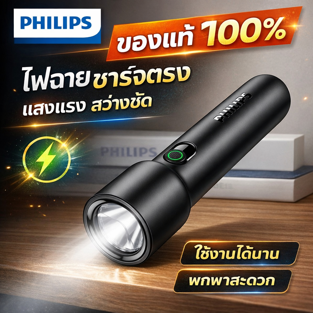 PHILIPS ไฟฉาย LED ขนาดเล็ก สว่างมาก ชาร์จไฟได้ กันน้ํา สําหรับตั้งแคมป์