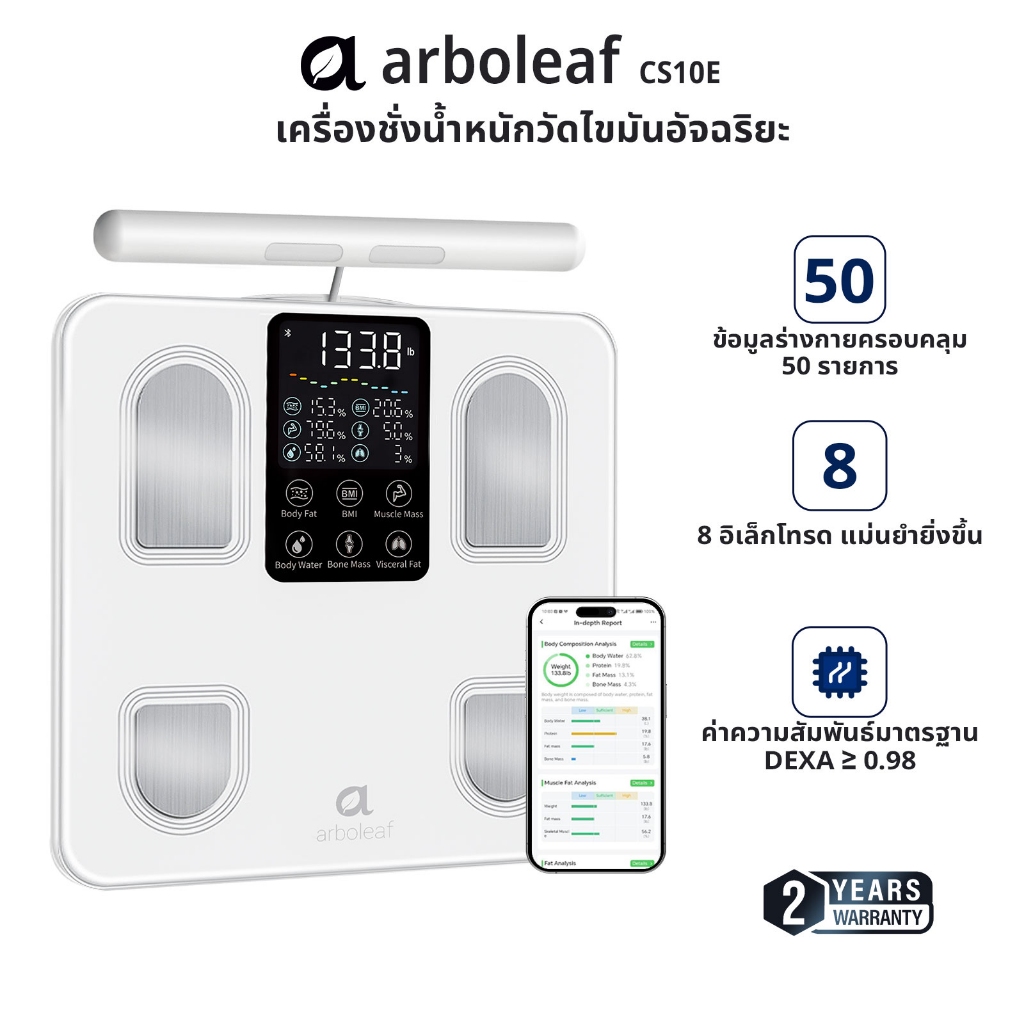 Arboleaf เครื่องชั่งน้ำหนักอัจฉริยะ Body Composition Scale 8 อิเล็กโทรด เครื่องวัดองค์ประกอบร่างกาย 50 พารามิเตอร์ รุ่น CS10E