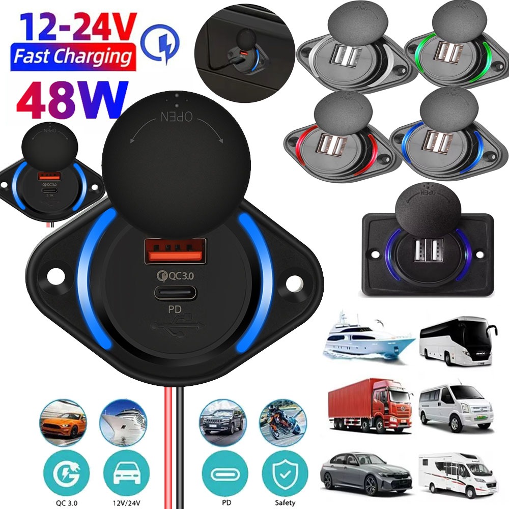 QC3.0 & PD 48W Fast Car Charge Dual USB 3.1A กันน้ํา Car Charger ซ็อกเก็ต 12 V/24 V Universal Power Adapter แผงสําหรับรถยนต์รถจักรยานยนต์ RV รถบัสเรือรถบรรทุก