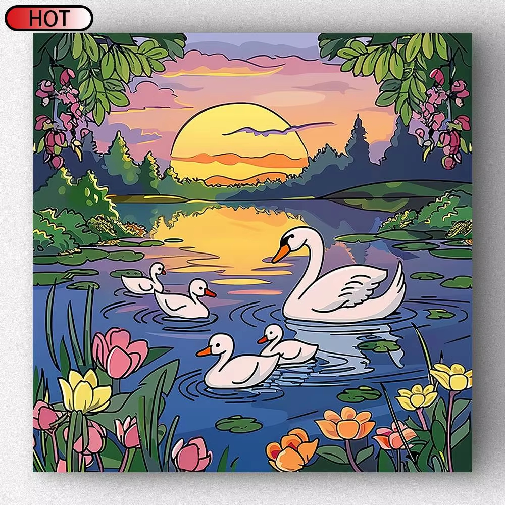 ForeverYoung Sunset Swans ภาพวาดเพชร 50x50 ซม.เรซิ่น + AB เจาะกํามะหยี่ผ้าใบล็อคขอบ 5D DIY Wall Art