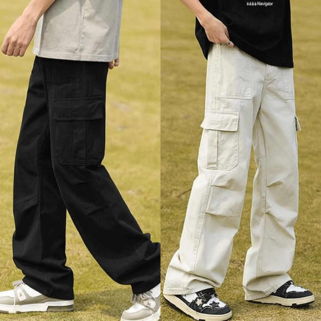 กางเกงขากว้างผู้ชาย เอวยางยืด แฟชั่นหลวม มีกระเป๋าลึก