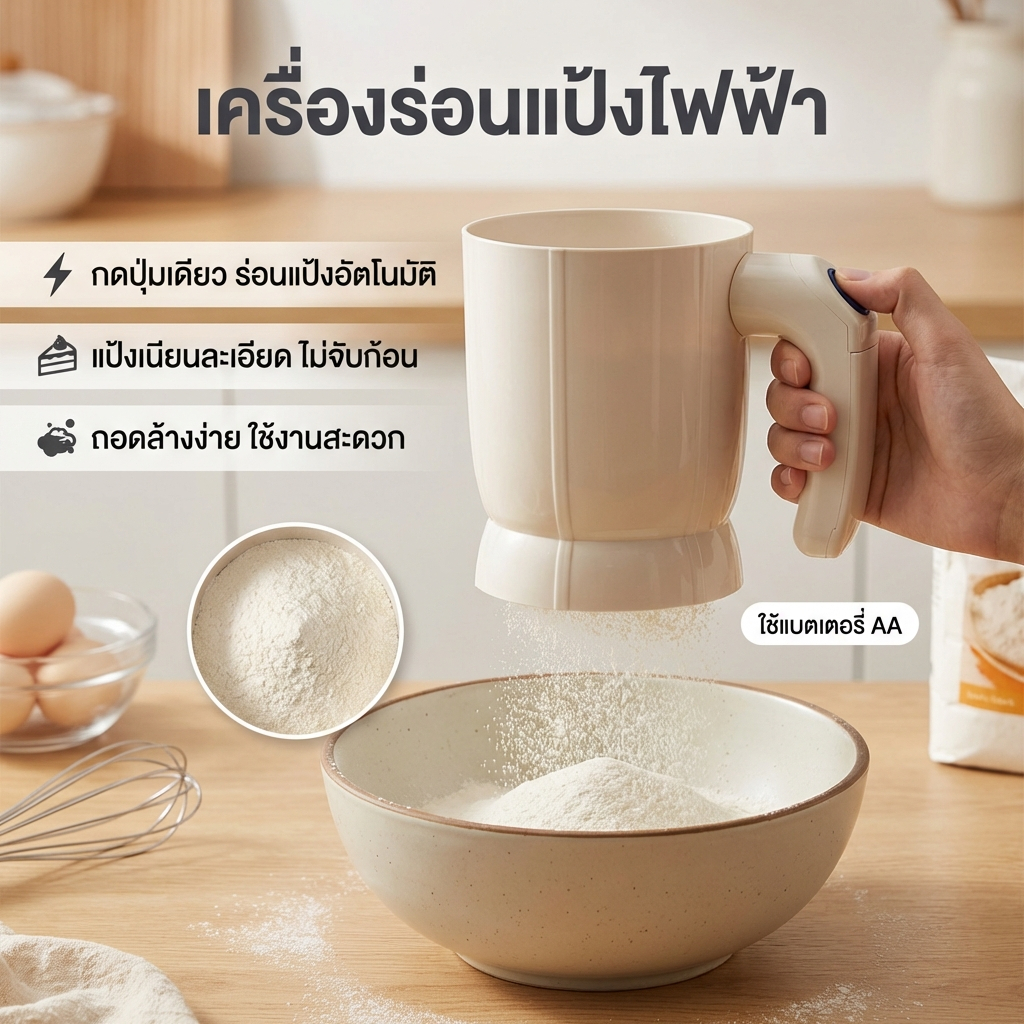ไฟฟ้าแป้งร่อนแบตเตอรี่ดําเนินการไฟฟ้าอบ ตะแกรงแป้งมือถือพร้อมสแตนเลสตาข่ายละเอียดสําหรับทําอาหารเบเกอรี่