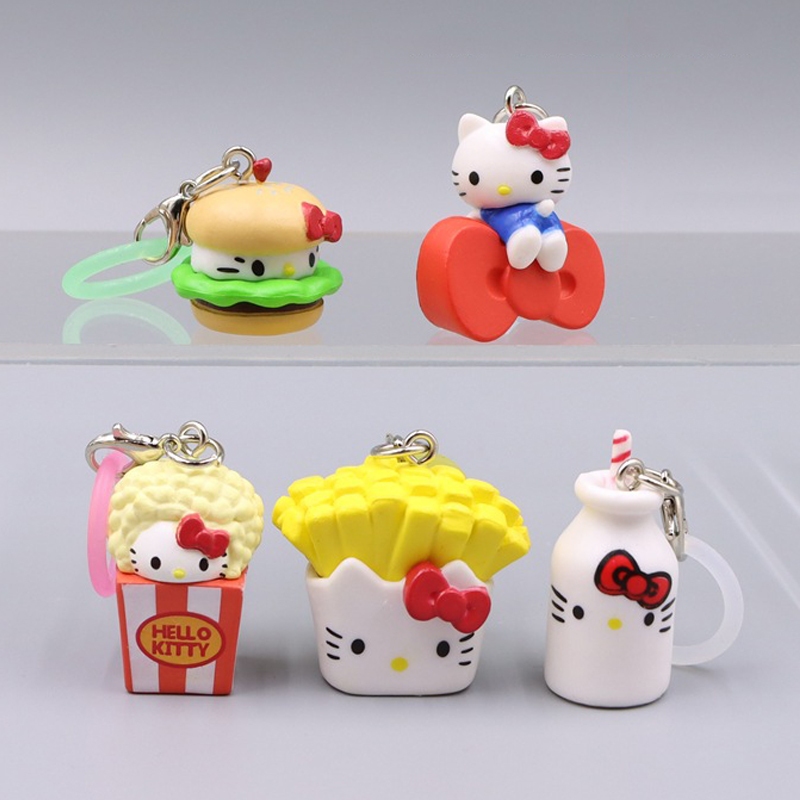 5 ชิ้น/เซ็ตอะนิเมะ Hello Kitty Gashapon Charms อาหาร Themed French Fries Burger Popcorn ขวดนม Mini กระเป๋าจี้พวงกุญแจจี้ตกแต่ง