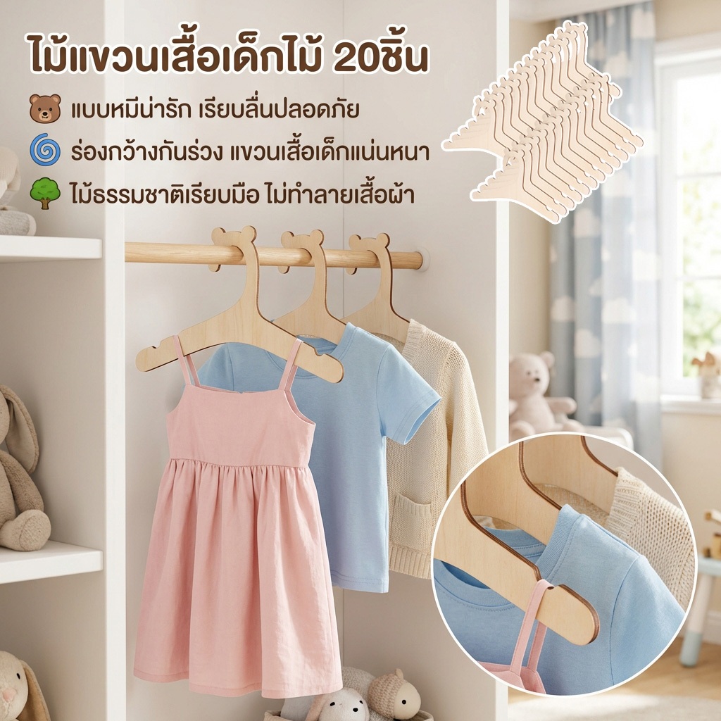 [CODจัดส่งวันนี้]🧸 ไม้แขวนเสื้อเด็กไม้ 20ชิ้น | แบบหมีน่ารัก เรียบลื่น | สำหรับเด็กวัยหัดเดิน-ทารก | ขนาด22.8ซม.