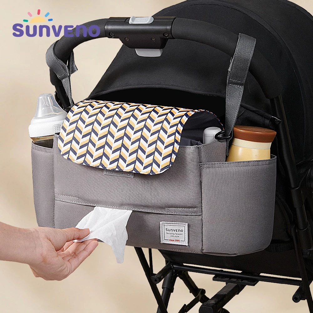 Sunveno Universal รถเข็นเด็กทารก Organizer ขยายกระเป๋าผ้าอ้อมพร้อมสายคล้องไหล่,ที่วางแก้ว,กระเป๋าซิปรถเข็นเด็กอุปกรณ์เสริม Travel