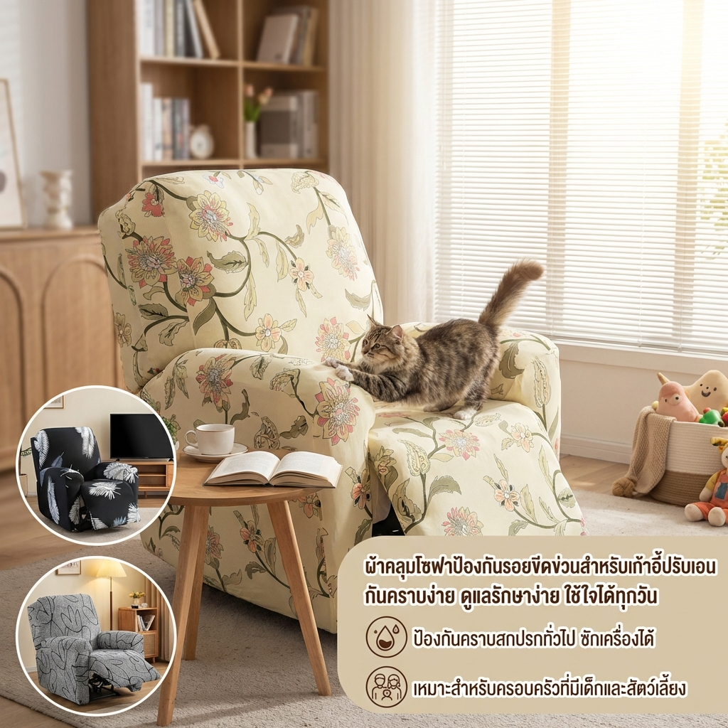 [เก็บเงินปลายDทาง, จัดส่งภายในวันเดียวกัน] 🐾 ผ้าคลุมโซฟาป้องกันรอยขีดข่วนสำหรับเก้าอี้ปรับเอน | ทนทานต่อขนสัตว์และคราบสกปรกทั่วไป | พร้อมสายรัดที่แน่นหนา | เหมาะสำหรับเจ้าของแมวและสุนัข