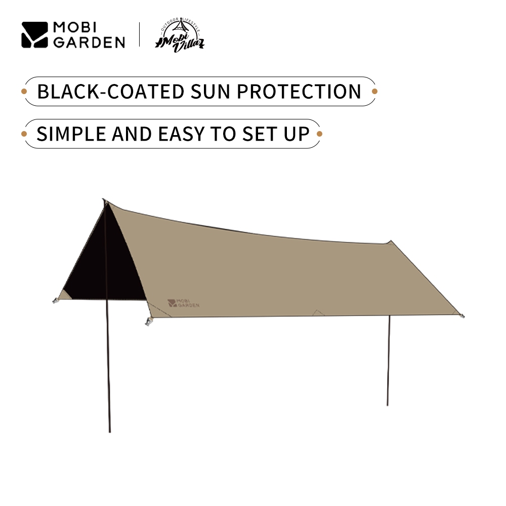 MOBI GARDEN Camping Canopy โพลีเอสเตอร์แผ่นยางสีดําครีมกันแดดและกันฝนแท่งเหล็กหนา