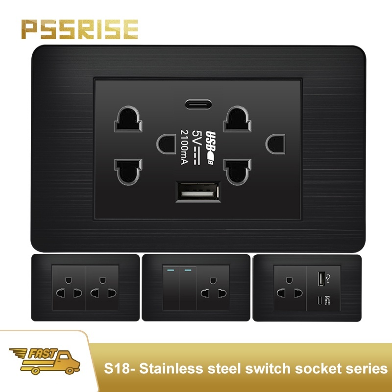 PSSRISE Wall Switch Socket Set แผงสวิตช์สแตนเลส 118 15A 110V สีดํา มีประกัน-S18