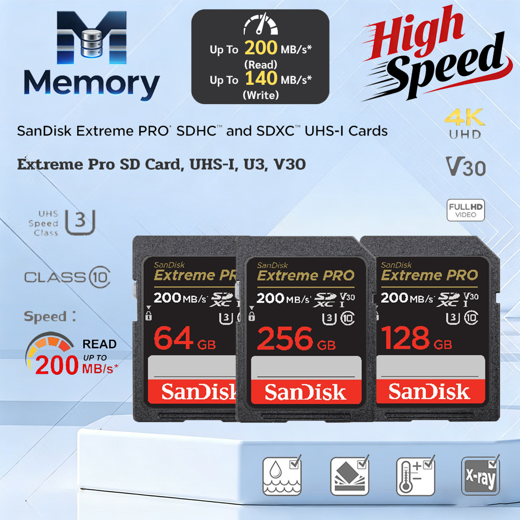 San/Disk Extreme Pro SD Card SDXC Speed R 200MBs 32GB 64GB 128GB ( SDSDXXD ) เมมโมรี่การ์ด กล้อง DSLR U3, C10, V30, UHS-I memory card กล้อง SDcard แท้