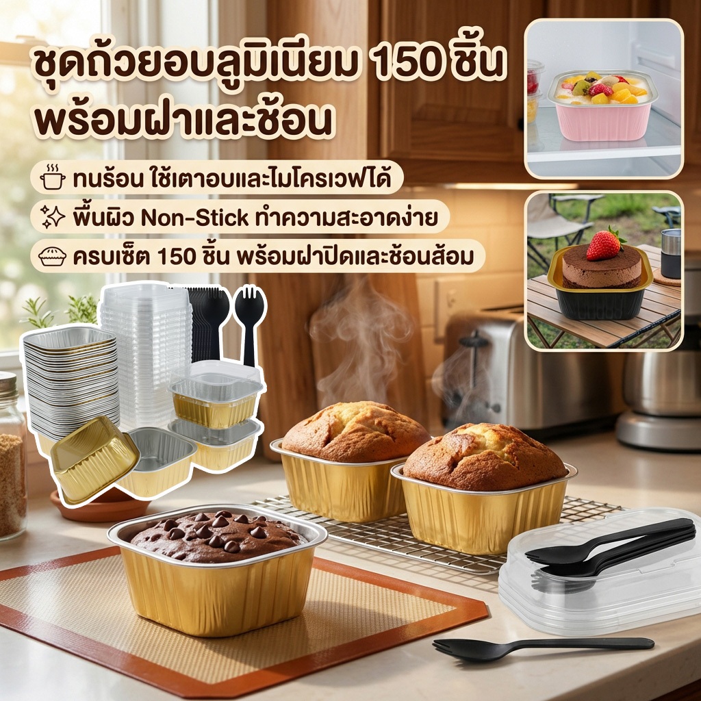 150 ชิ้นอลูมิเนียมฟอยล์ Cupcake ถ้วยพร้อมฝาปิดและช้อน Non-Stick ฟอยล์เบเกอรี่ถ้วย 150ml