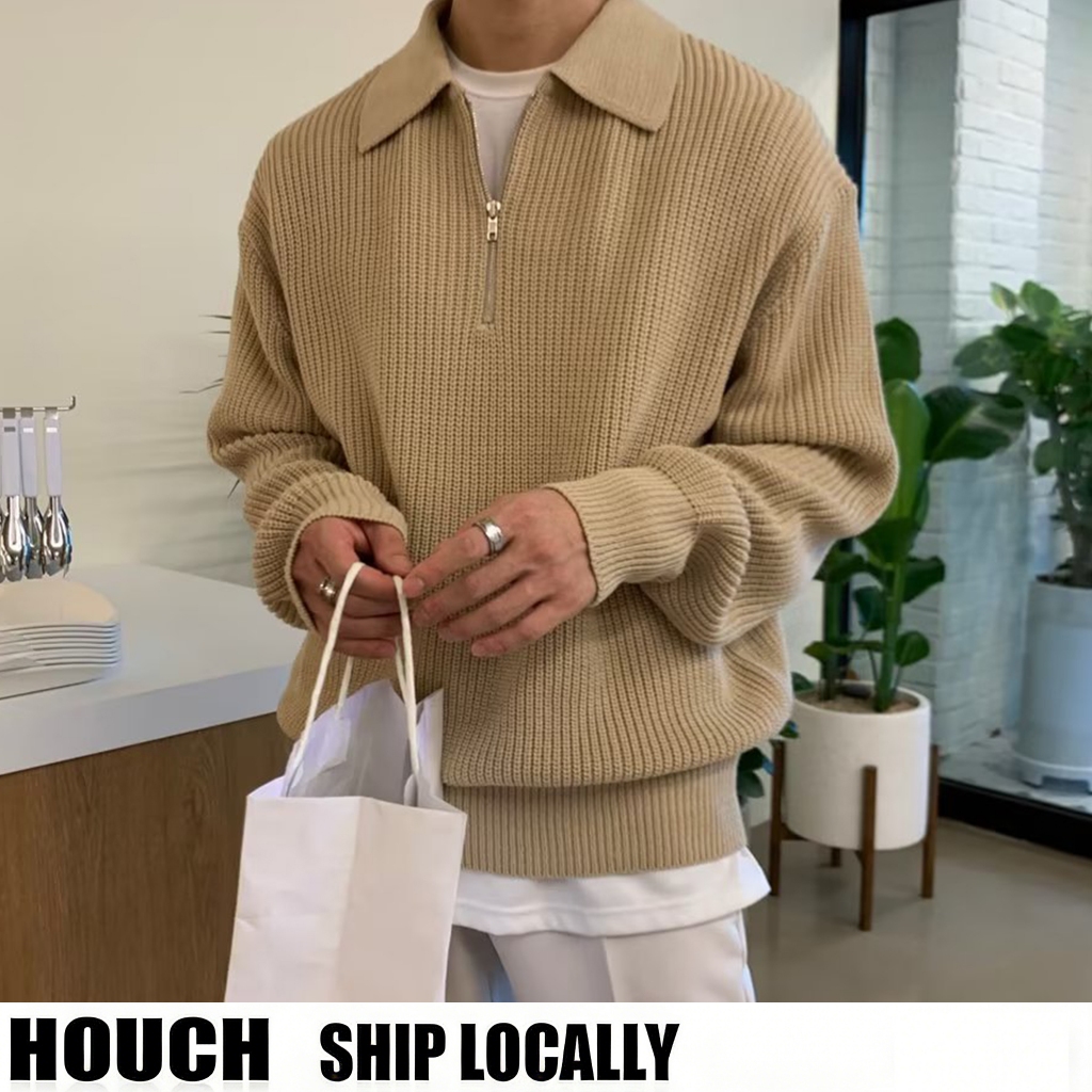 Houch พร้อมส่ง COD เสื้อสเวตเตอร์ลําลอง แขนยาว มีซิปครึ่ง ทรงหลวม