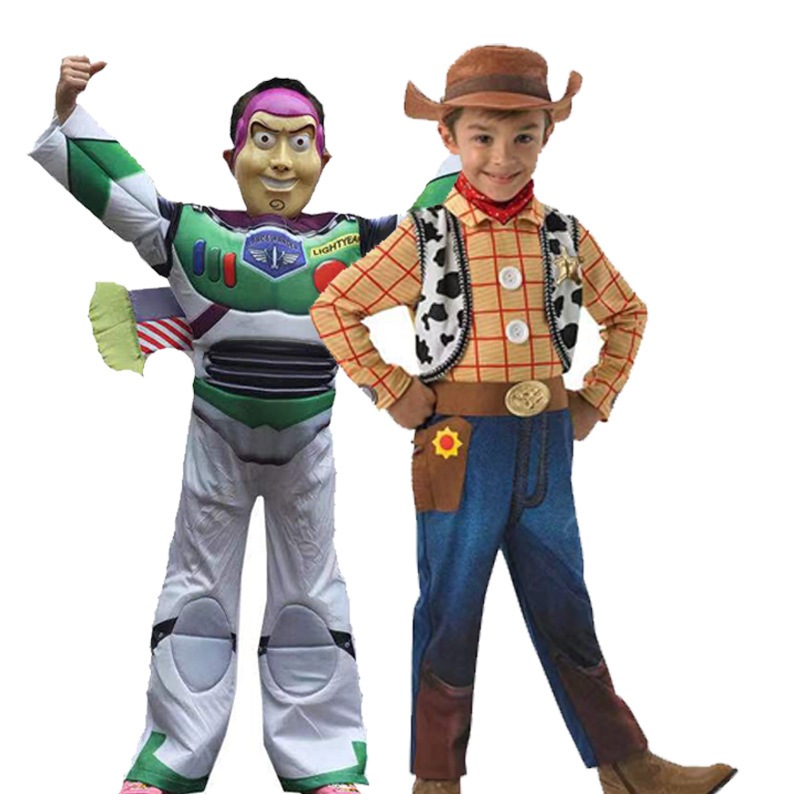 Pixar Toy Story Boy Woody Buzz Lightyear คอสเพลย์เครื่องแต่งกายสําหรับเด็ก Boy Halloween Party Jumpsuit Hat Set