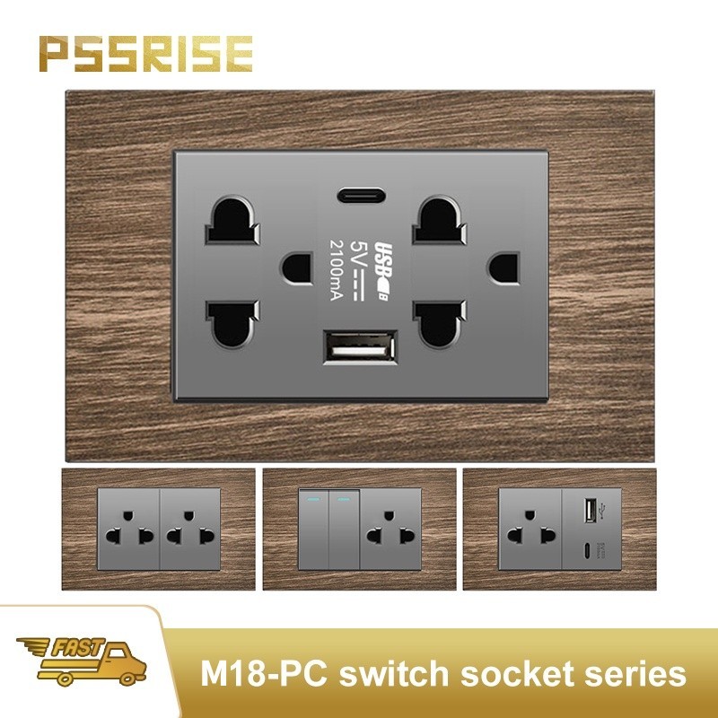 PSSRISE Wall Switch Socket Set Wood Grain Series แผงสวิตช์สแตนเลส 118 15A 110V สีเทา มีประกัน-M18