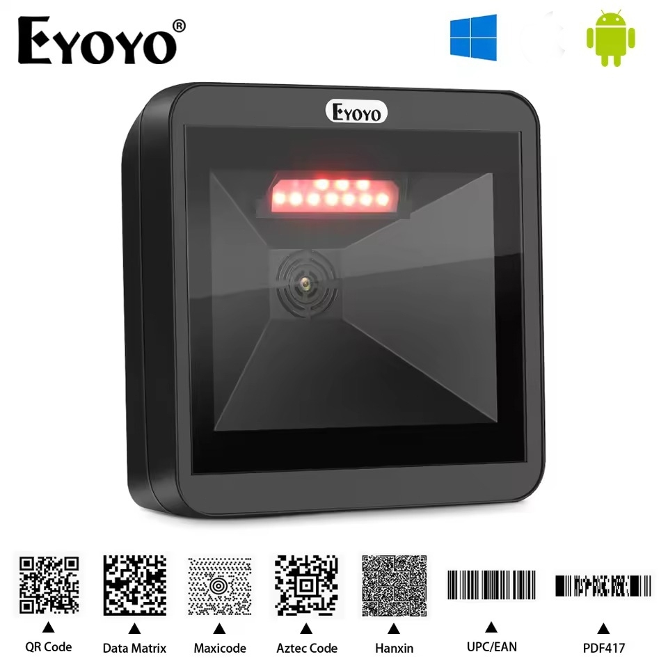 Eyoyo เครื่องสแกนบาร์โค้ด 2D QR แฮนด์ฟรี เดสก์ท็อปรอบทิศทาง เครื่องอ่านบาร์โค้ด 1D อัตโนมัติ สแกนใหญ