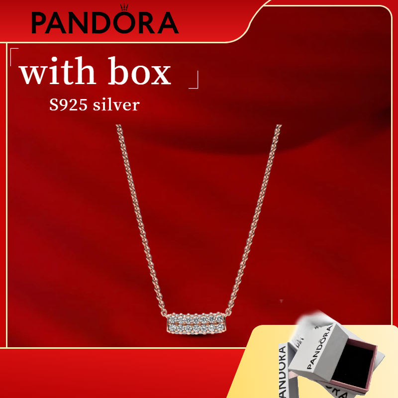 สร้อยคอมุกเงินแท้ S925 100% แบบสองแถวปัดฝัง เพชร Pandora Timeless Pavilion Necklace