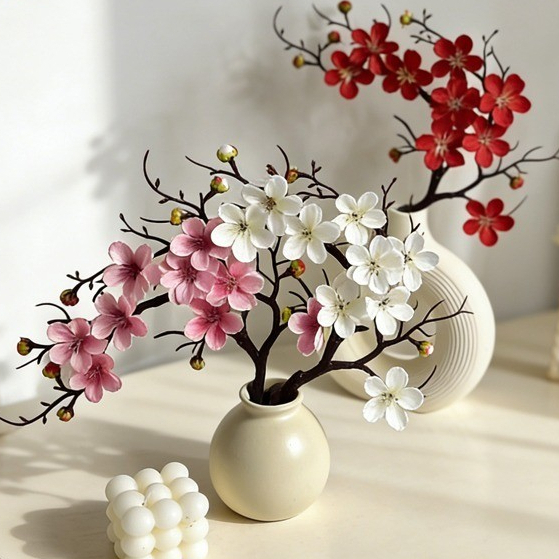 Dualswish สไตล์จีนประดิษฐ์ Plum Blossom สาขาดอกไม้ปลอมบอนไซสําหรับงานแต่งงาน Path Decor, ตกแต่งบ้านการถ่ายภาพ Prop