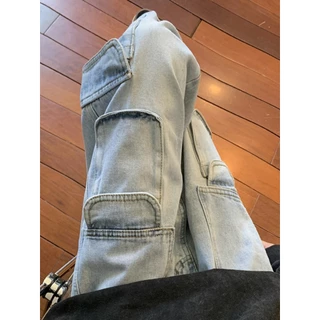 Breeze Jeans กางเกงยีนส์คาร์โก้ผู้ชาย denim สีฟ้า ประดับหลายกระเป๋า high street ทรงตรงล้างน้ำ บุคลิกภาพ baggy jeans