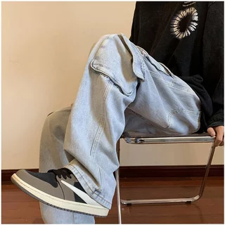 Breeze Jeans กางเกงยีนส์คาร์โก้ผู้ชาย denim สีฟ้า ประดับหลายกระเป๋า high street ทรงตรงล้างน้ำ บุคลิกภาพ baggy jeans