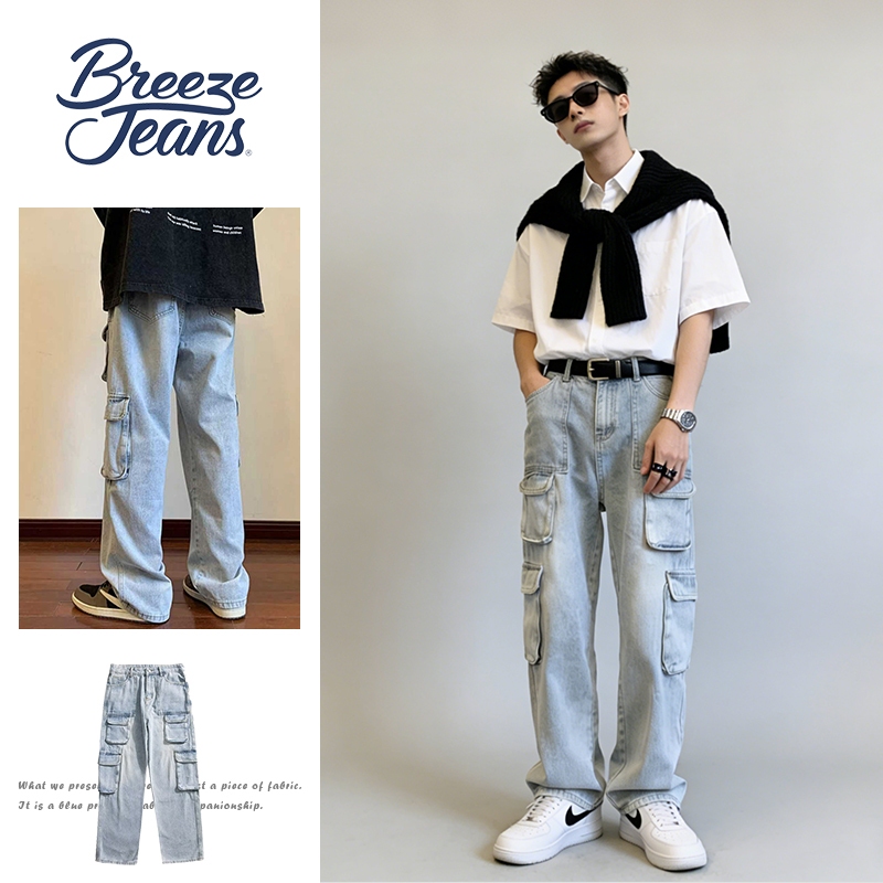 Breeze Jeans กางเกงยีนส์คาร์โก้ผู้ชาย  denim สีฟ้า ประดับหลายกระเป๋า  high street ทรงตรงล้างน้ำ บุคลิกภาพ baggy jeans