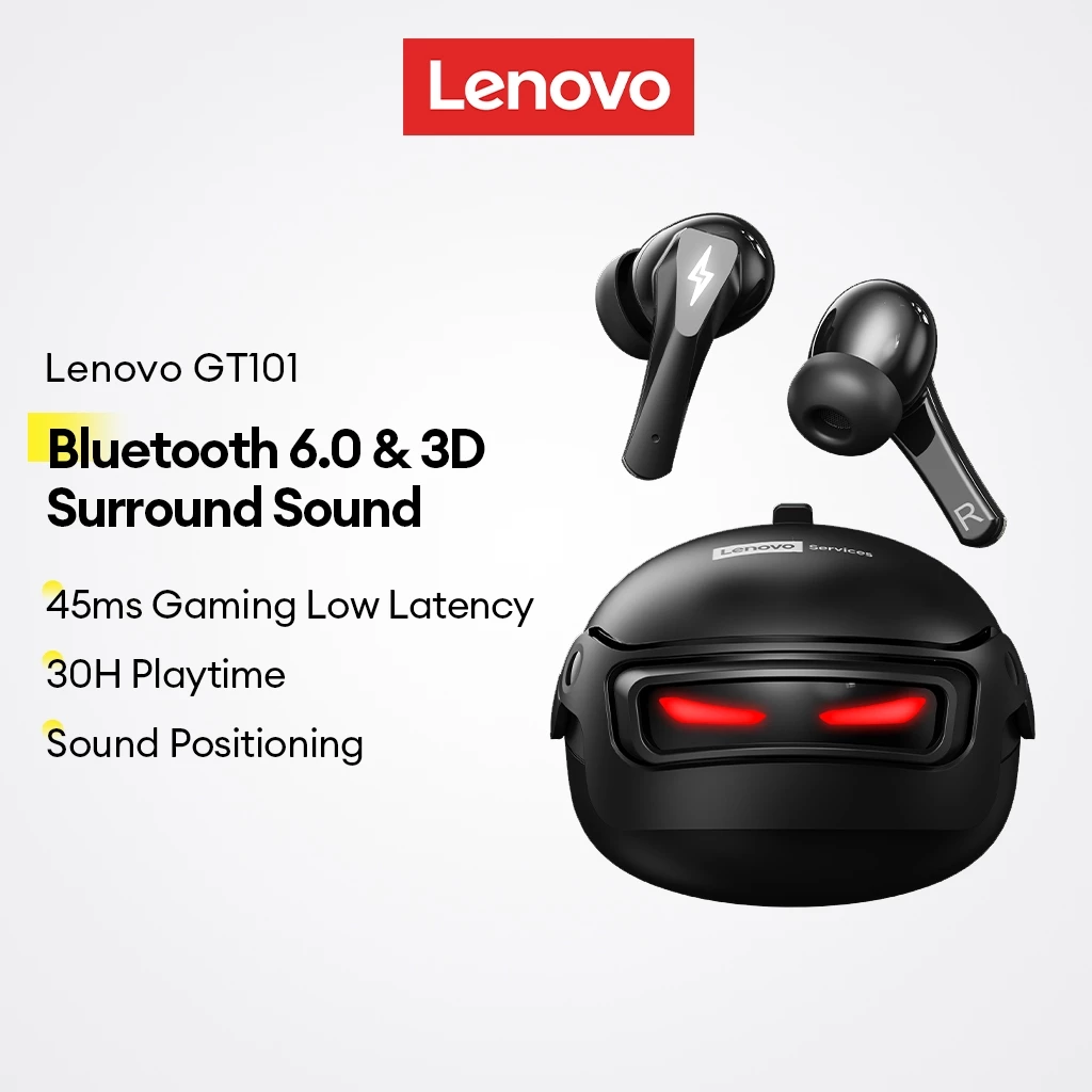 Lenovo GT101 Bluetooth 6.0 หูฟังสําหรับเล่นเกมไร้สายพร้อมเวลาแฝงต่ํา 45ms และเวลาเล่น 30 ชม. พร้อมเสียงเซอร์ราวด์ 3 มิติ
