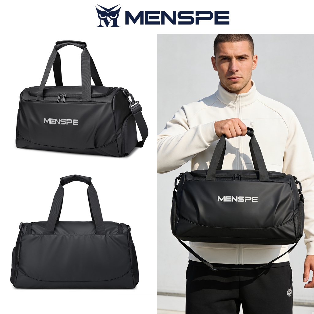 MENSPE สีดํากระเป๋าเดินทางกระเป๋ากันน้ํากระเป๋าเดินทางแห้งและเปียกแยกฟิตเนสกีฬากระเป๋ารองเท้าอิสระกร