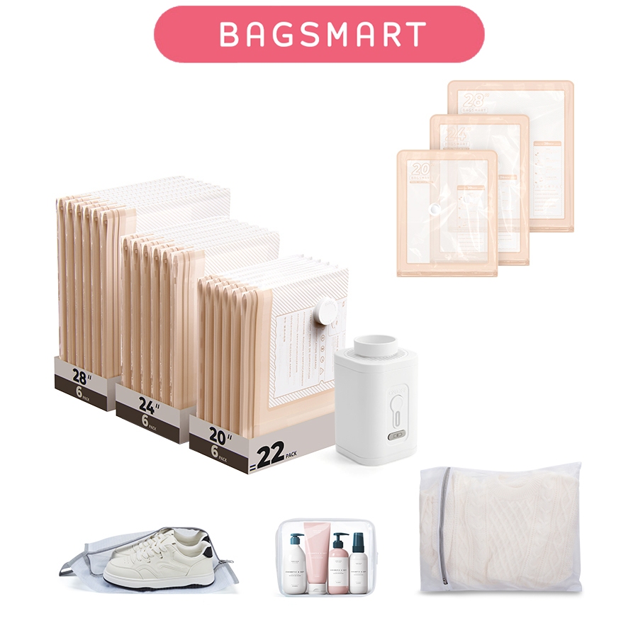 BAGSMART ถุงเก็บสูญญากาศ ปั๊มลม 12 15 18 21 แพ็ค แบบพกพา Space Saver กระเป๋าสูญญากาศการบีบอัดซีลกระเป๋าชาร์จสําหรับการเดินทางและบ้าน
