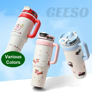 GEESO ถ้วยฉนวนแบบพกพา ถ้วยน้ำแข็ง สแตนเลส 316 ความจุ1000มล มีหลายสีให้เลือก ถ้วยความร้อนสร้างสรรค์ ความจุขนาดใหญ่ Large Capacity Cartoon Vacuum Tumbler Thermos 潮流冰霸杯
