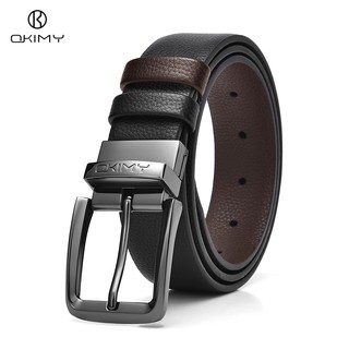 OKIMY Men's Double-Color Leather Belt with Pin Buckle, 120cm Adjustable, Vintage for Jeans