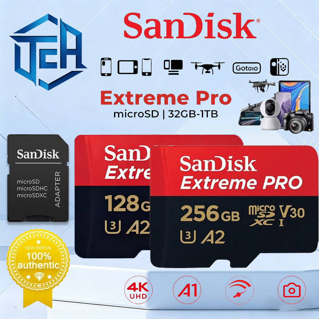 【รับประกัน 5 ปี】SanDisk Extreme Pro Micro SD Card 200MB/s 16/32/64/128/256/512GB SDXC 64,128,256GB R/W 200/140MB/s (SDSQXCD) Drone Read Speed U3 A2 – Dash Cam Ultra HD Stable Recording