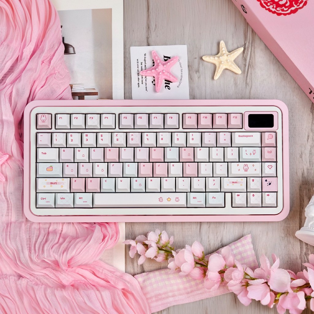 URE Pixel Miffy Keycaps สีชมพูสีขาว PBT Cherry Profile Keycap ชุดสําหรับคีย์บอร์ดแบบกลไก