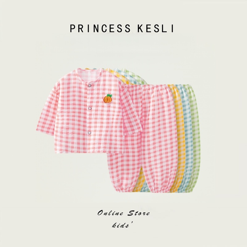 Princess Kesli เสื้อคอกลม+กางเกงขายาว เกาหลีเซ็ต 2ชิ้น ลายสก็อต  ชุดนอน หญิง ชาย เด็กโต 6 เดือน-7 ปี