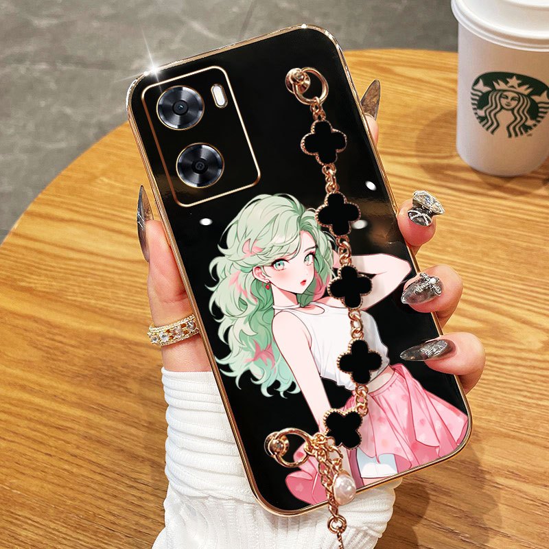 YBDเคสโทรศัพท์สําหรับOPPO A57 2022 A77 A57E A57S A77S 4GElectroplating Beauty Girlพร้อมสร้อยข้อมือCl