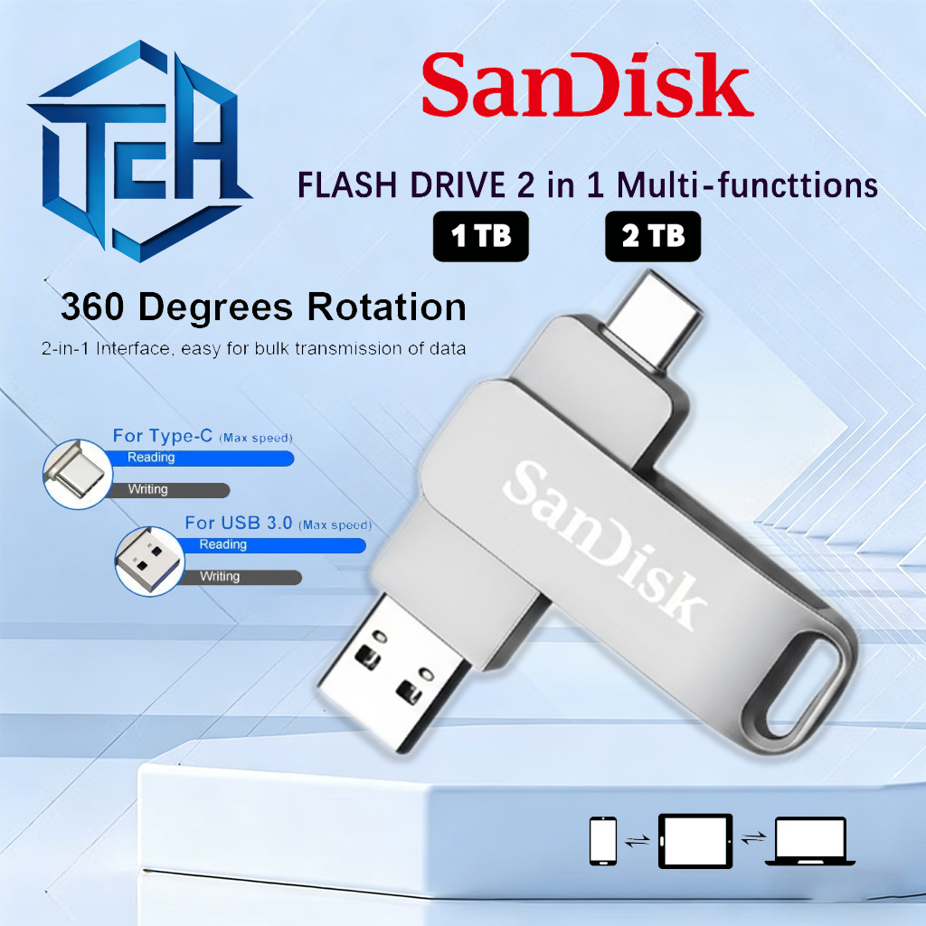 SanDisk Type-C 2 in 1 แฟลชไดรฟ์โทรศัพท์มือถือ Dual Drive หน่วยความจําแฟลช USB 3.0 หน่วยความจําความเร็วสูง Stick1TB/2TB OTG แบบพกพากันน้ํา MetalFlash Drive