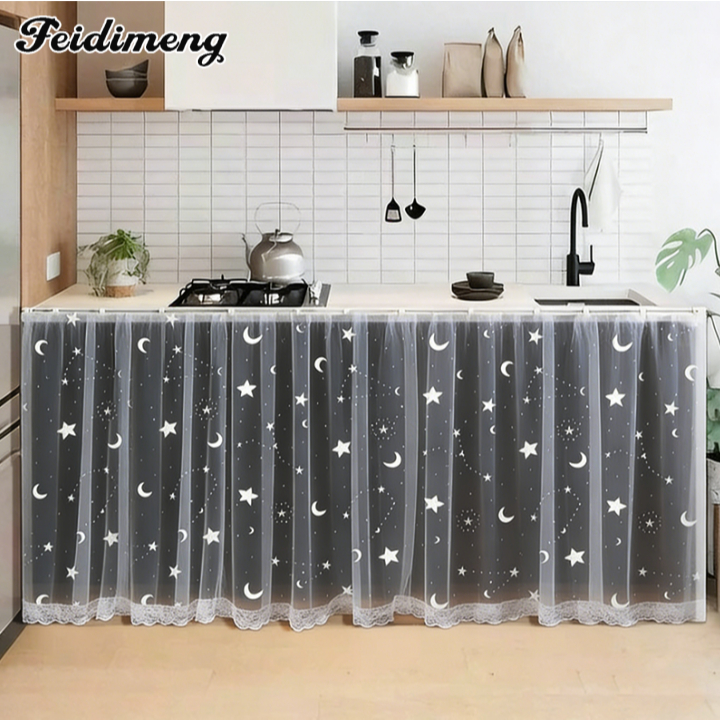 FDM ม่านตีนตุ๊กแก ม่านปิดเคาเตอร์ครัว ลายการ์ตูน สไตล์มินิมอล ไม่ต้องเจาะผนัง