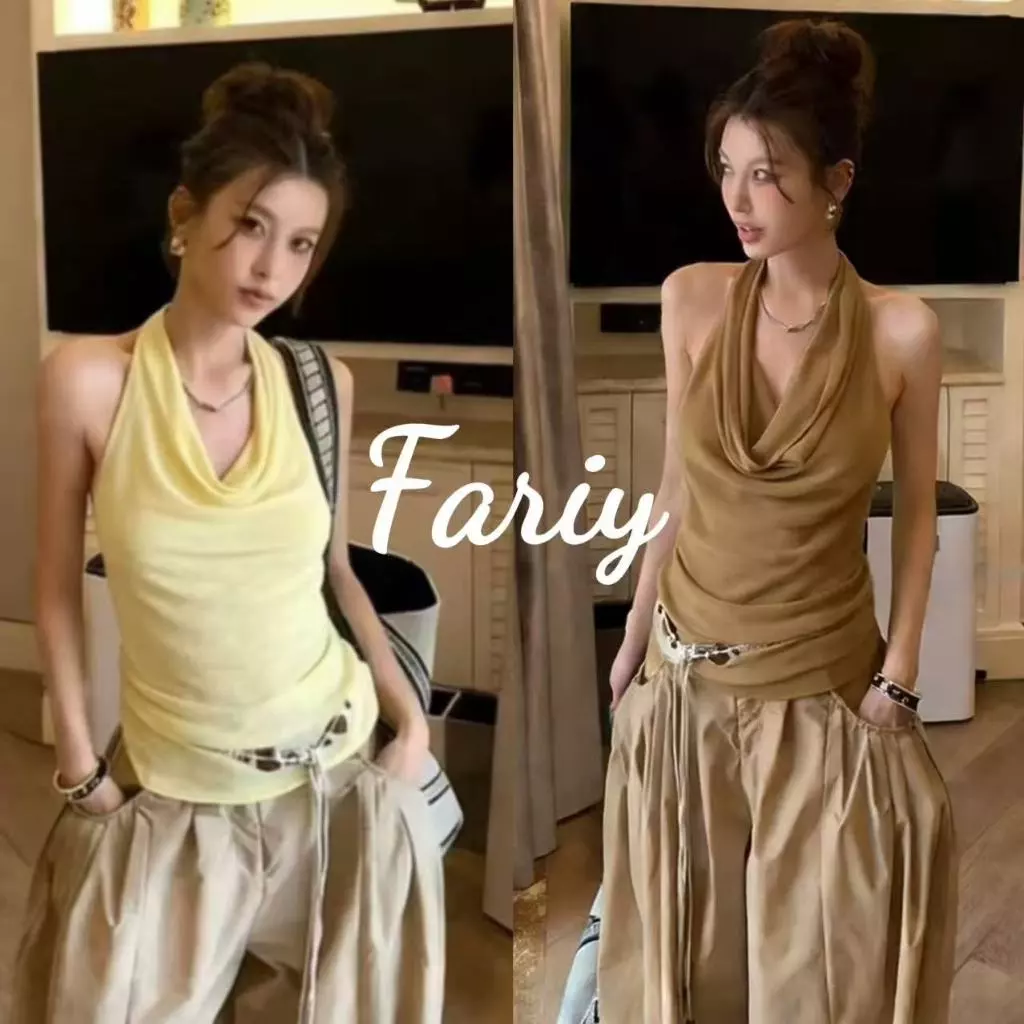 Fariy🍒คลังสินค้าพร้อม🍒 เสื้อสายเดี่ยวคอ halter เปิดหลัง สไตล์ใหม่ฤดูร้อนปี 2026 ชุดสุดฮอตสำหรับผู้หญิง