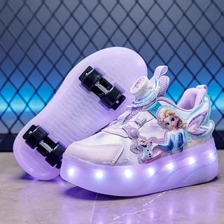 Roller Shoes โรลเลอร์สเก็ตสำหรับเด็ก ที่ถอดออกได้ Pulley Double-W Heels LED ระบายอากาศได้สะดวกสบาย 30-34 【จัดส่งจากประเทศไทย】