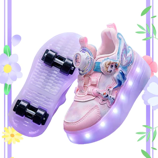 Roller Shoes โรลเลอร์สเก็ตสำหรับเด็ก ที่ถอดออกได้ Pulley Double-W Heels LED ระบายอากาศได้สะดวกสบาย 30-34 【จัดส่งจากประเทศไทย】