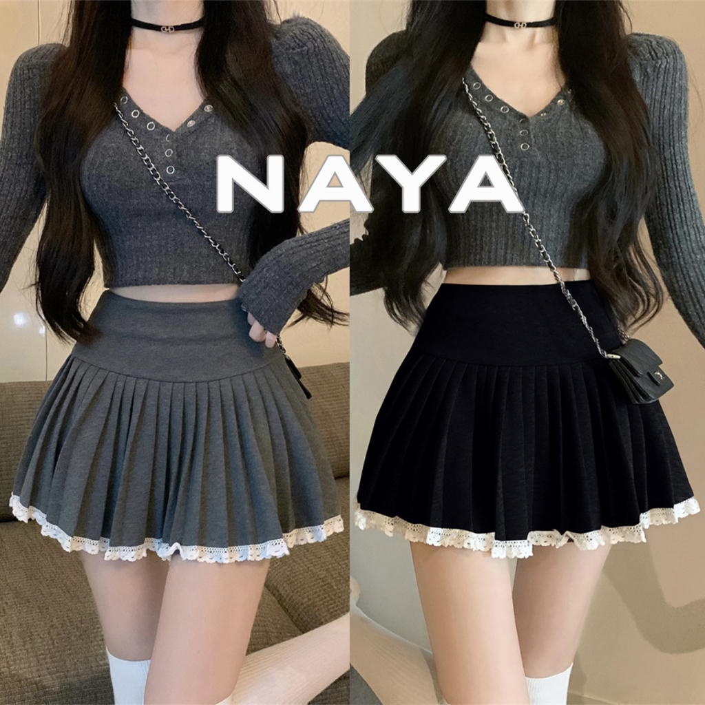 NAYA กระโปรงสั้น เอวสูง กระโปรงเทนนิส Pleated skirt ขอบลูกไม้ ผ้าคุณภาพสูง มีซับในในตัว พร้อมส่ง