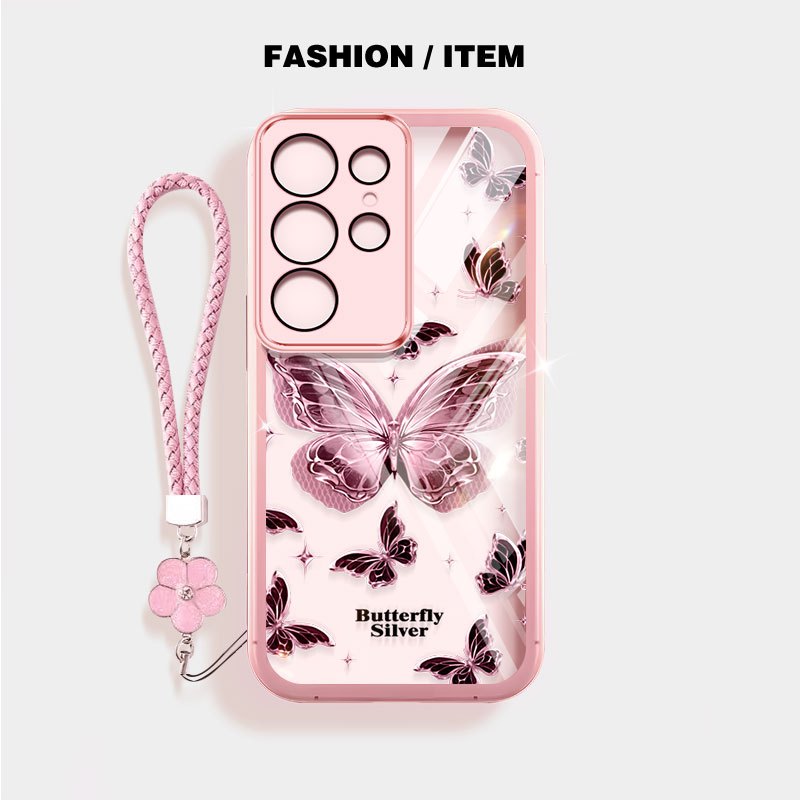 VRQR สําหรับ Samsung Galaxy S24 S25 S26 Plus S24 S25 S26 Ultra S24 S25 FE S24 + S25 + S26 + หมีและผีเสื้อใสกันกระแทกเคสโทรศัพท์พร้อมเชือกดอกไม้ ราคา ถูกที่สุด ดีลบีเคเค แกลเลอรีภาพที่ 3