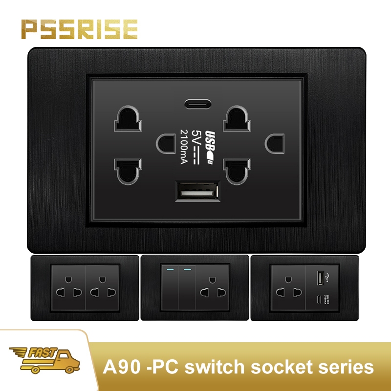 PSSRISE ซ็อกเก็ต PC แปรงแผงติดผนัง 118 ประเภท 15 A สวิตช์ซ็อกเก็ต 110 V สีดํา- A90