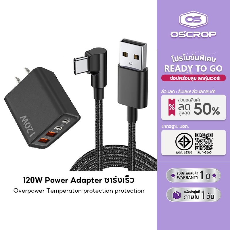 ชุดสายชาร์จเร็วสุด 120W 6A ไม่พันกัน 90องศา อินเทอร์เฟซครบ Type-C I&P Micro USB